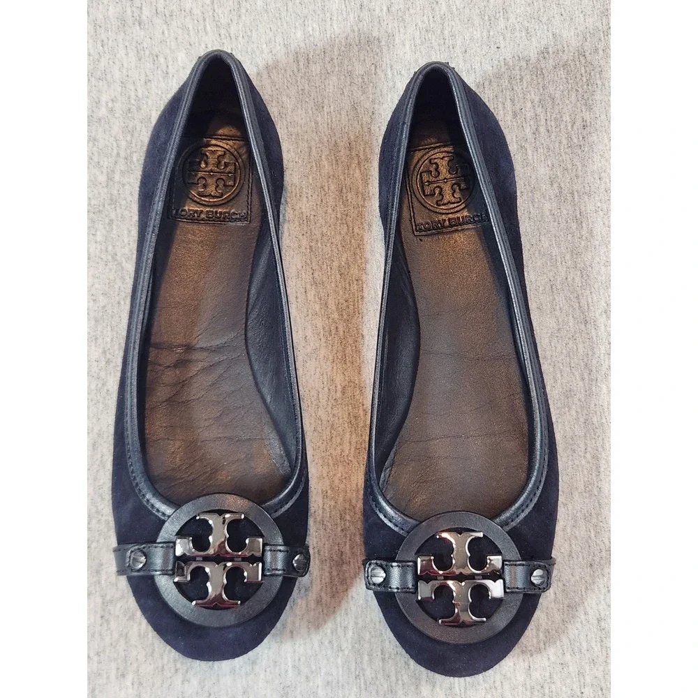 Tory Burch Reva Ballet Flats Womens 7M Navy Blue Suede Logo Medallion